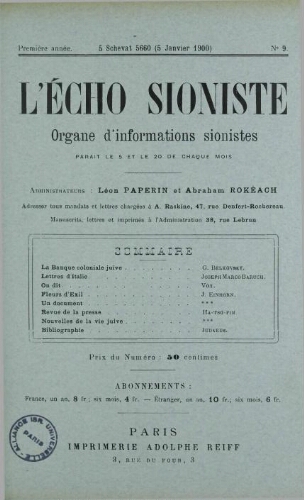 L'Echo Sioniste. Vol. 1 n° 9 (5 janvier 1900)